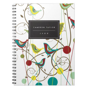 Whimsical Summer Birds Swirls Modern Nature Vines Notebook
