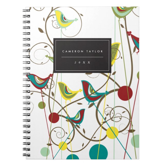 Whimsical Summer Birds Swirls Modern Nature Vines Notebook (Front)