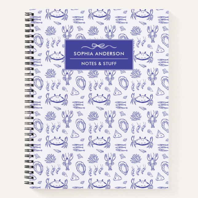 Whimsical Summer Blue Coastal Personalized Name Notebook (Front)