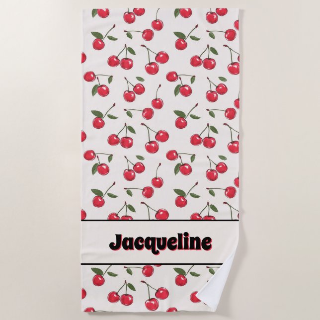 Whimsical Summer Red Cherry Beach Towel (Front)