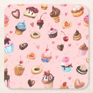  Whimsical Summer Sweets Watercolor  Square Paper Coaster