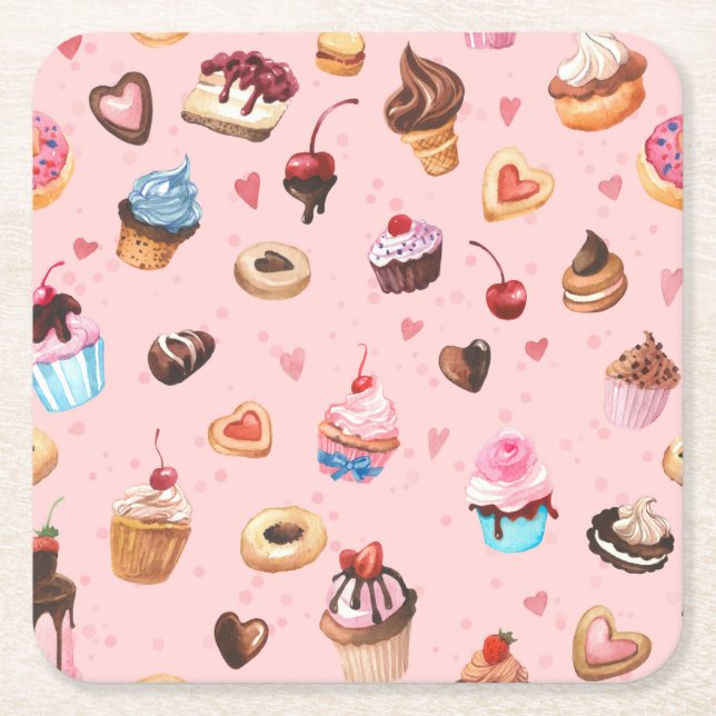  Whimsical Summer Sweets Watercolor  Square Paper Coaster (Front)