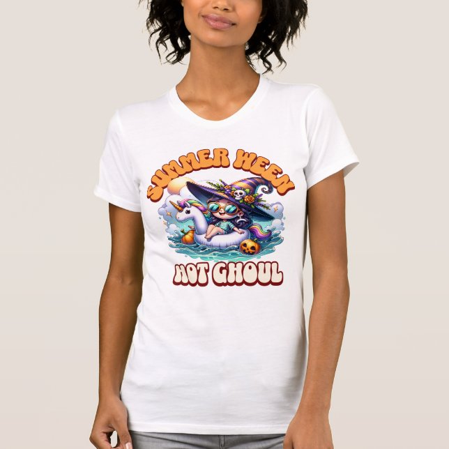 Whimsical Summerween Ghoul on Unicorn Float T-Shirt (Front)