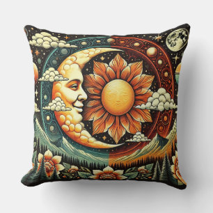 Whimsical Sun and Moon in a Surreal Cosmic Throw Pillow