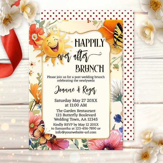 Whimsical Sun Butterfly Floral Post-Wedding Brunch Invitation (After wedding brunch invitation featuring a cheerfully laughing sun with colorful wildflowers)