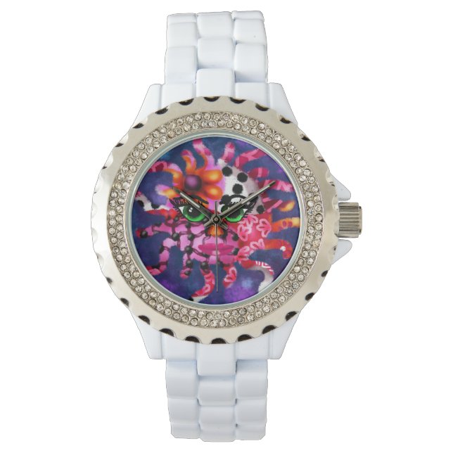 Whimsical Sun Face Abstract Zodiac Art Purple Pink Watch (Front)