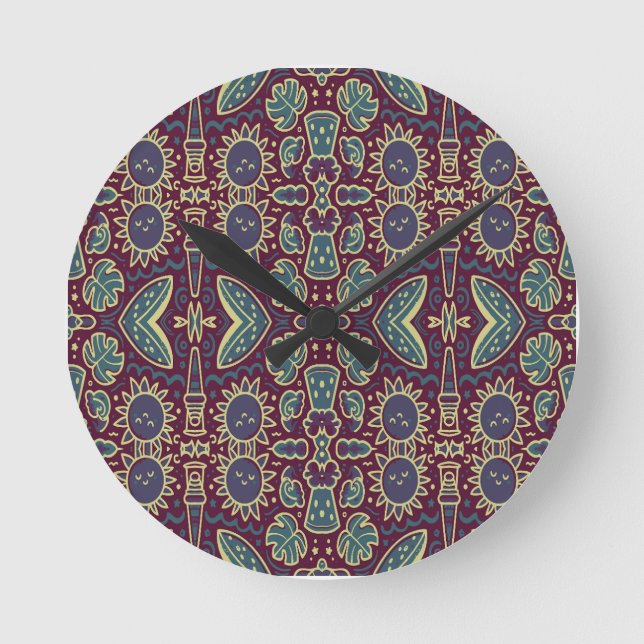 Whimsical Sun & Jungle Pattern Round Clock (Front)