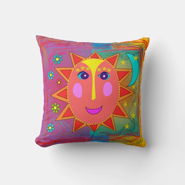 Whimsical Sun Moon and Stars Pillow (Front)