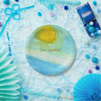 Whimsical Sun Watercolor "Bon Appetit" Paper Plate
