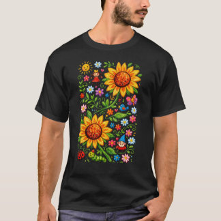 Whimsical Sunflower Garden Folk Art T-Shirt