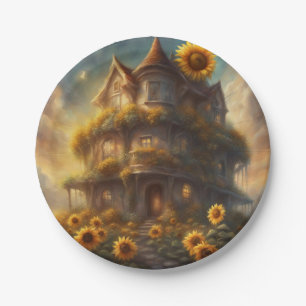 Whimsical Sunflower House Summer or Fall party Paper Plate