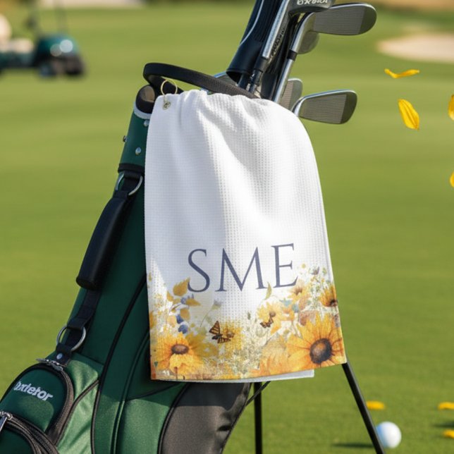 Whimsical Sunflower Meadow Monogram – Golf Towel (Floral sunflower monogram golf towel)
