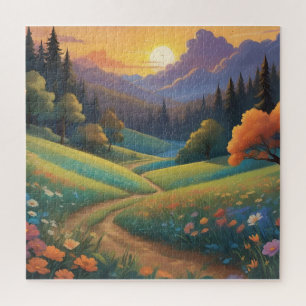 Whimsical Sunset Hills Colourful Landscape  Jigsaw Puzzle