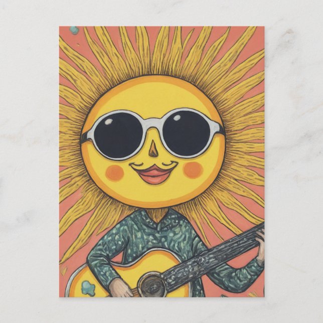 Whimsical Sunshine Playing Guitar Postcard (Front)
