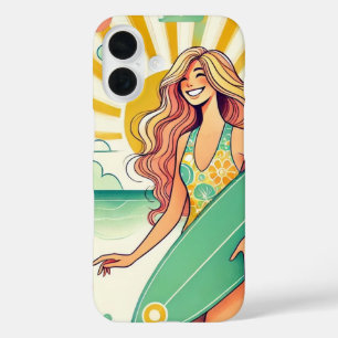 Whimsical Surfer Girl with a Surfboard iPhone 16 Case
