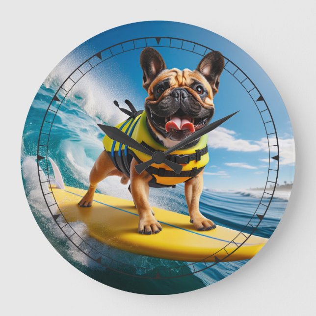 Whimsical Surfing French Bulldog Large Clock (Front)