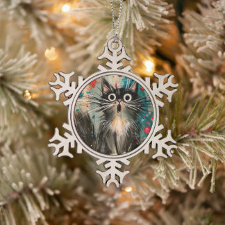 Whimsical Surprised Xmas Cat Snowflake Pewter Christmas Ornament