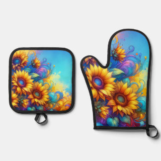 Whimsical Surreal Sunflowers Oven Mitt & Pot Holder Set
