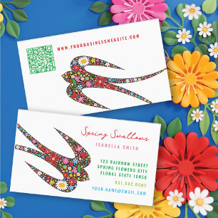 Whimsical Swallow Bird And Colourful Spring Flower Business Card