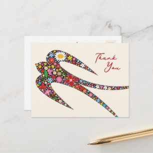 Whimsical Swallow Bird Colourful Spring Flowers Postcard