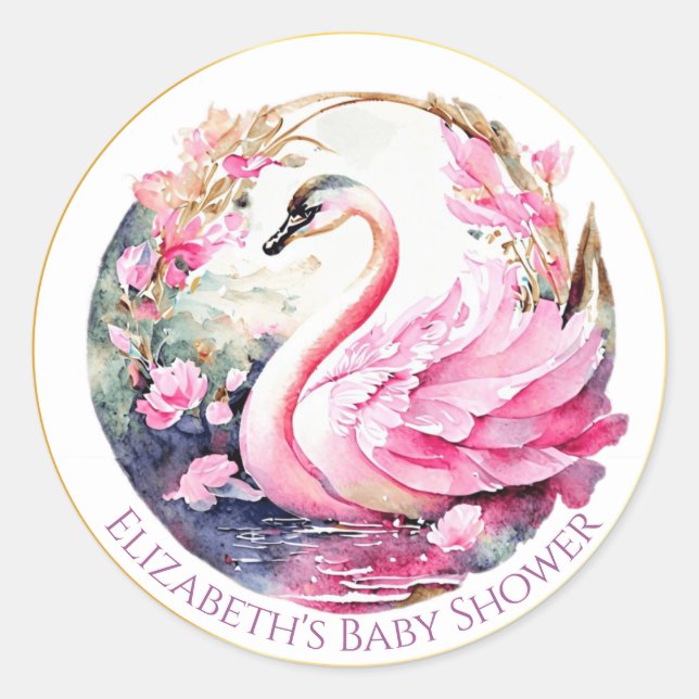 Whimsical Swan Baby Shower Round Stickers (Front)