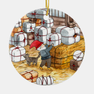 Whimsical Swedish Tomten Watercolor Christmas  Ceramic Ornament