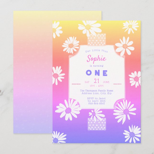 Whimsical Sweet Daisies Rainbow Little Miss One Invitation (Front/Back)