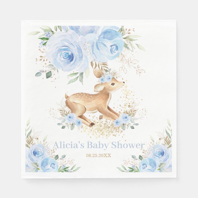 Whimsical Sweet Deer Blue Floral Baby Shower  Napkin (Front)
