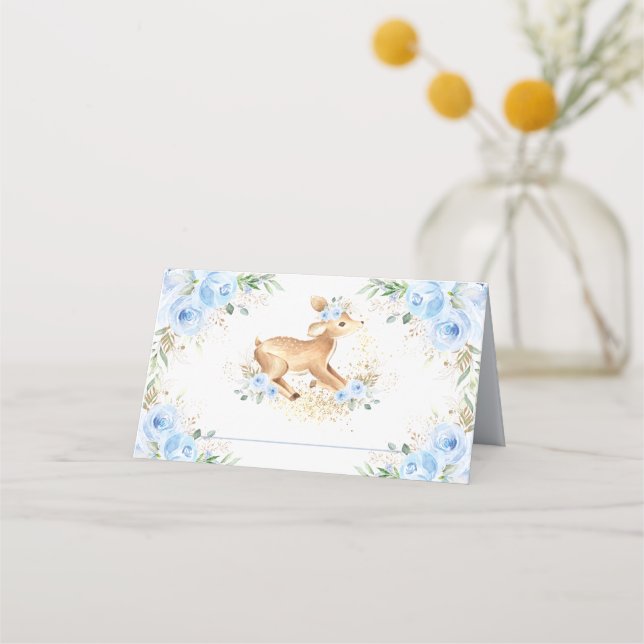 Whimsical Sweet Deer Blue Floral Baby Shower  Place Card (Front)
