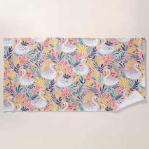 Whimsical Sweet Swans on Pale Pink Beach Towel
