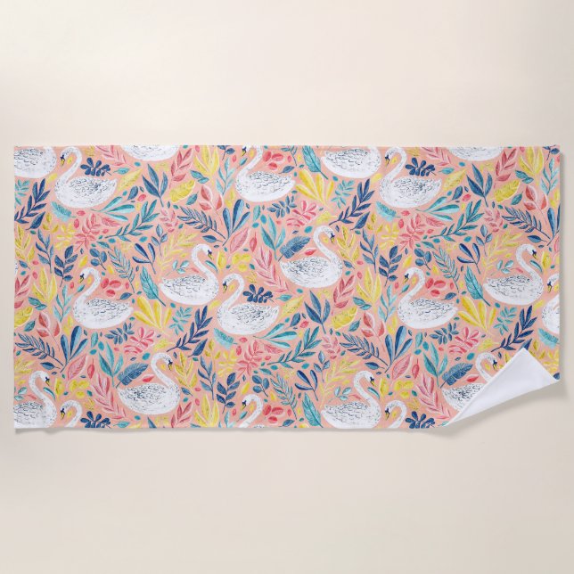 Whimsical Sweet Swans on Pale Pink Beach Towel (Front)