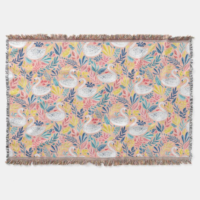 Whimsical Sweet Swans on Pale Pink Throw Blanket (Front)