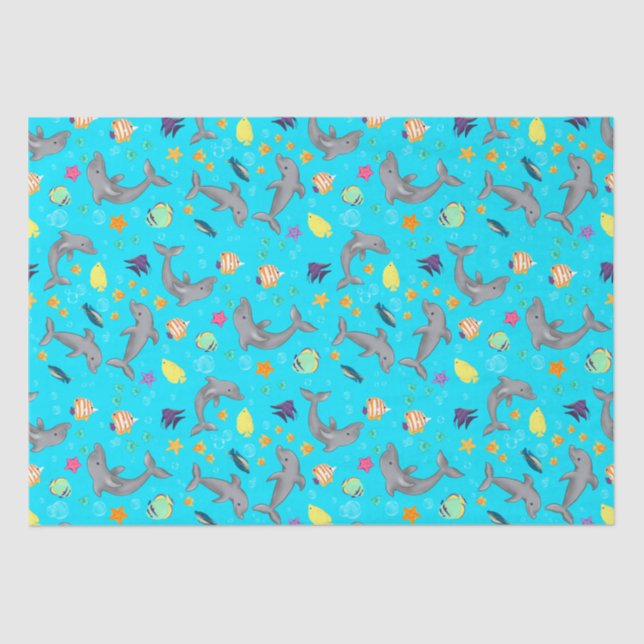 Whimsical Swimming Dolphins and Colourful Fish Tissue Paper (Front)
