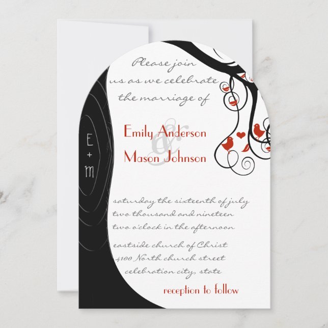 Whimsical Swirl Black & Red Birds in a Tree Invitation (Front)