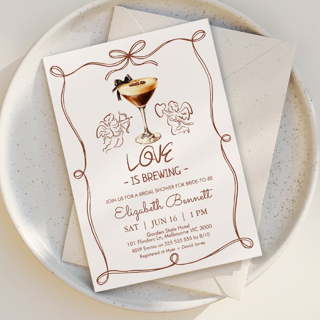 Whimsical Tan Drawn Love Is Brewing Bridal Shower Invitation (Whimsical Love Is Brewing Bridal Shower Invitation Template, Bridal Shower Love is Brewing Invite)
