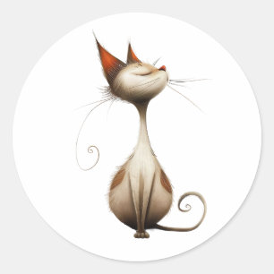 Whimsical Tan Smug Cat Illustration Classic Round Sticker