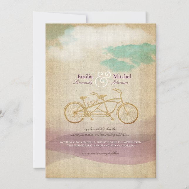 Whimsical Tandem Bicycle Watercolor Custom Wedding Invitation (Front)
