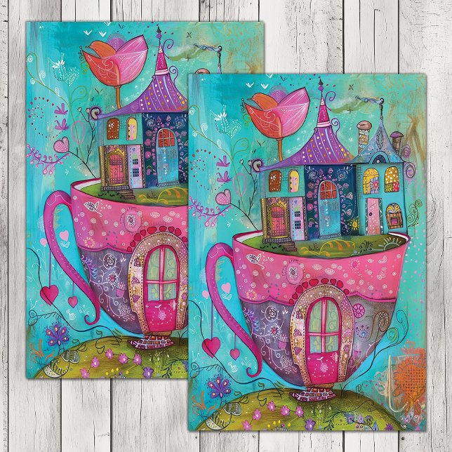 WHIMSICAL TEA CUP HOUSE DECOUPAGE TISSUE PAPER (WHIMSICAL TEA CUP HOUSE DECOUPAGE TISSUE PAPER)