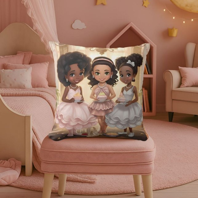 Whimsical Tea Party African American Girls Throw Pillow (Creator Uploaded)