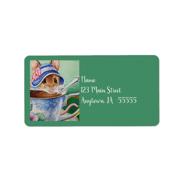 Whimsical Tea Time Mouse Blue Bonnet Watercolor Label (Front)