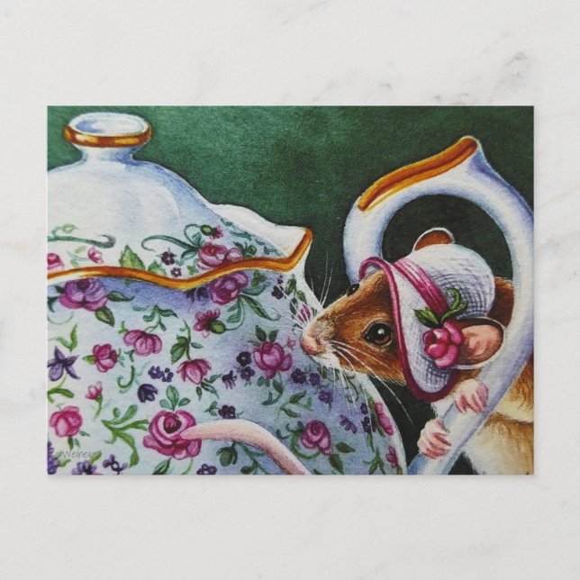 Whimsical Tea Time Mouse White Bonnet Watercolor  Postcard (Front)