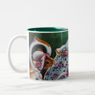 Whimsical Tea Time Mouse White Bonnet Watercolor  Two-Tone Coffee Mug