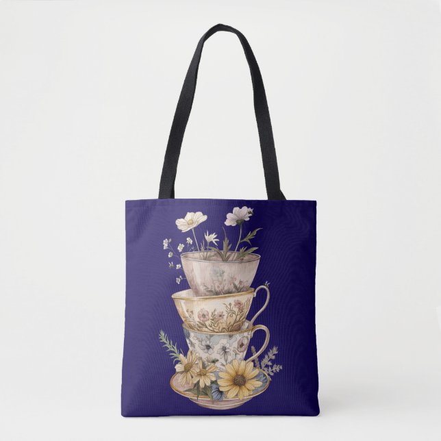 Whimsical  Teacup and Daisies Tote Bag (Front)