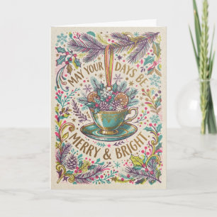 Whimsical Teacup Merry Bright Christmas Card