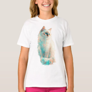 Whimsical Teal and Peach Fluffy Cat Kids T-Shirt