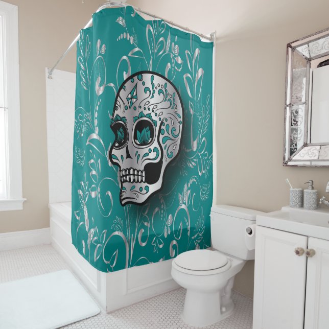 Whimsical Teal and Printed Silver Sugar Skull (In Situ)
