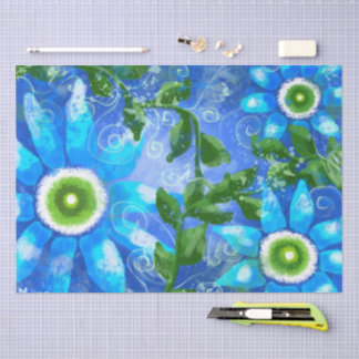 Whimsical Teal Blue Floral Flowers Decoupage Tissue Paper