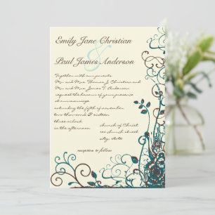 Whimsical Teal & Brown Swirl Wedding Invitation
