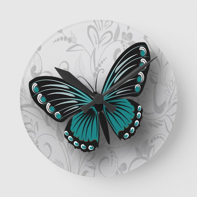 Whimsical Teal Butterfly on Grey Floral Round Clock (Front)
