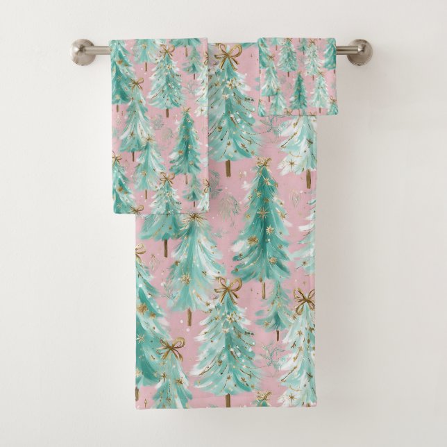 Whimsical Teal Christmas Trees on Pink  (En situation)